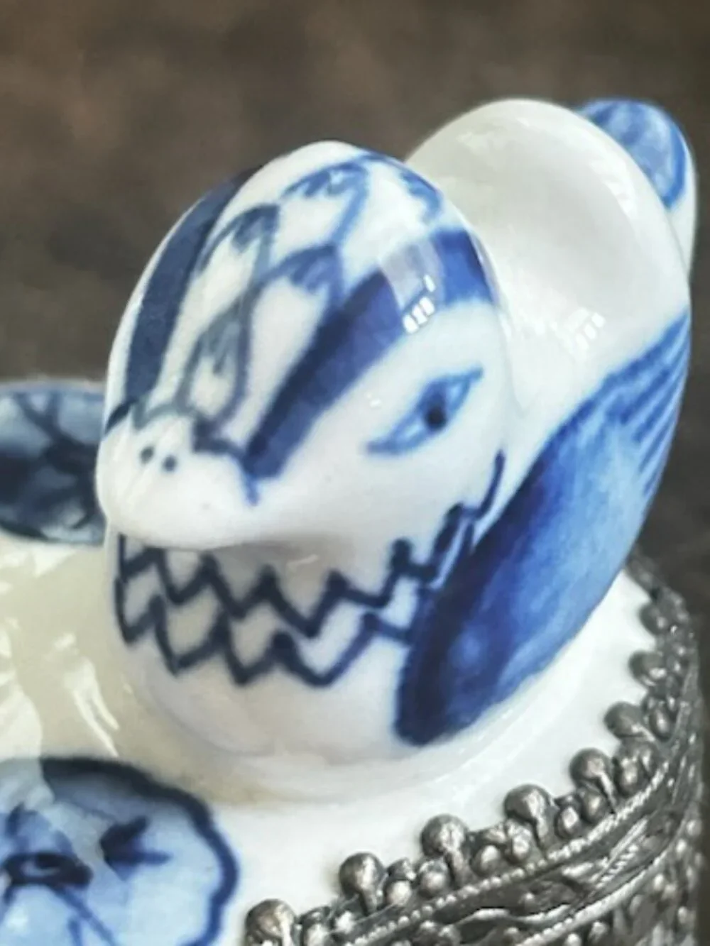 Vintage Blue & White Chinese Silver Plated Trinket Box With Hand-Painted Birds